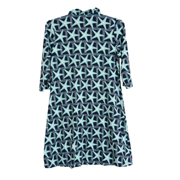 LULU B Size M Blue Starfish Print Ruffle Collar Long 3/4 Sleeve UPF 50 Active - Picture 4 of 4